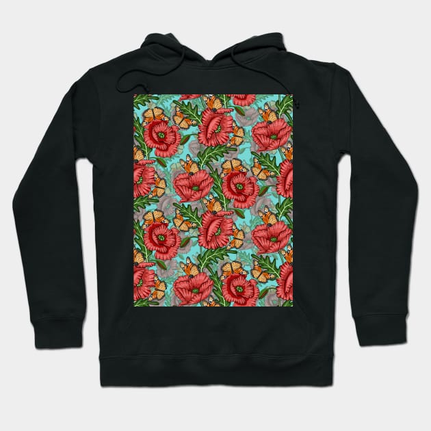 Poppies Flowers And Butterflies Pattern Hoodie by Designoholic